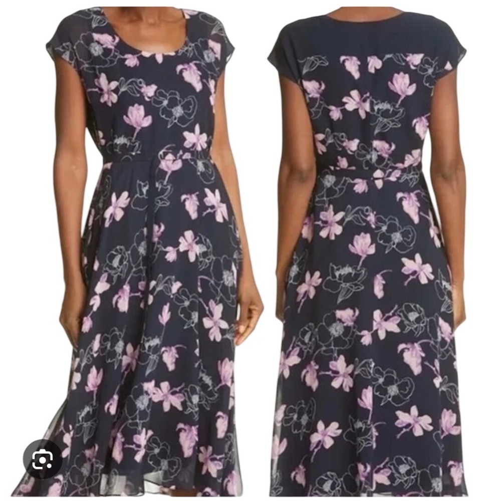 Club Monaco Silk Floral Handkerchief Hem Midi Dress Navy Blue Purple Size‎ 4